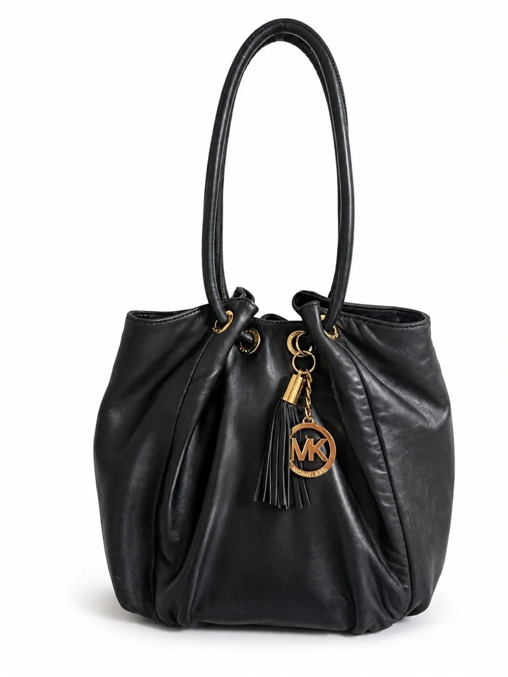 Michael Kors Black Leather Shoulder Tote Bag Gold MK Charming